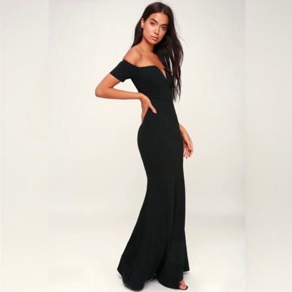 NWT Lulus Lynne Black Off-the-Shoulder Stretch Crepe Maxi Dress Gown XS - Picture 8 of 13